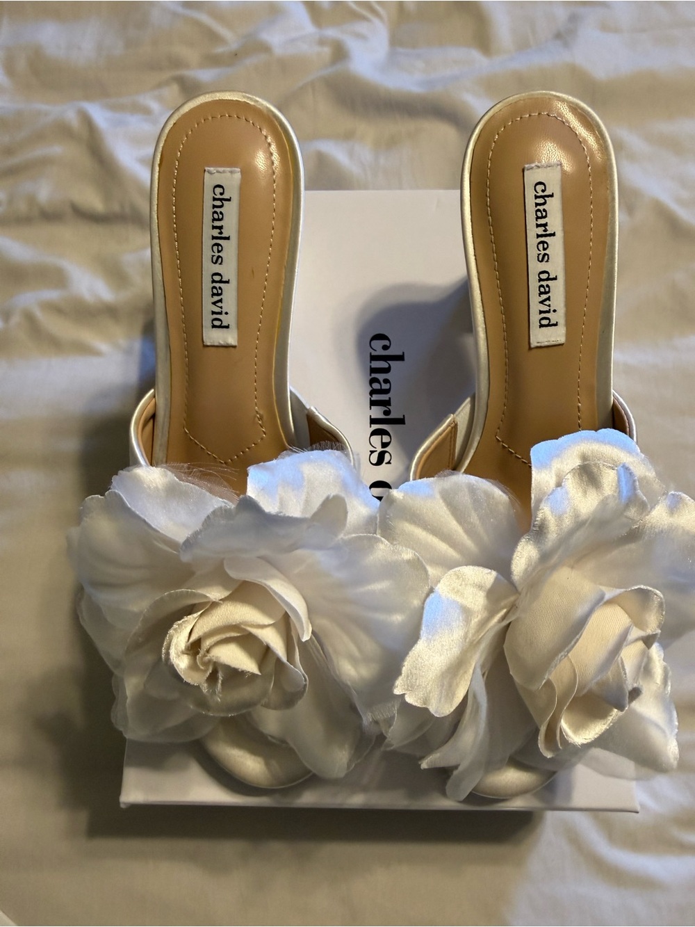 Ivory Satin Floral Slide Mules - Picture 2 of 9